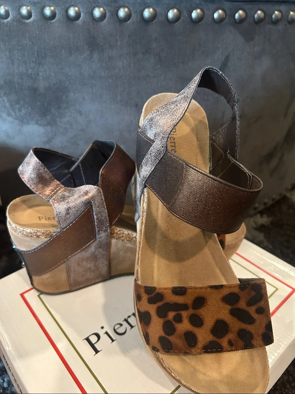Pierre Dumas Leopard and Bronze Metallic Wedge Sandals